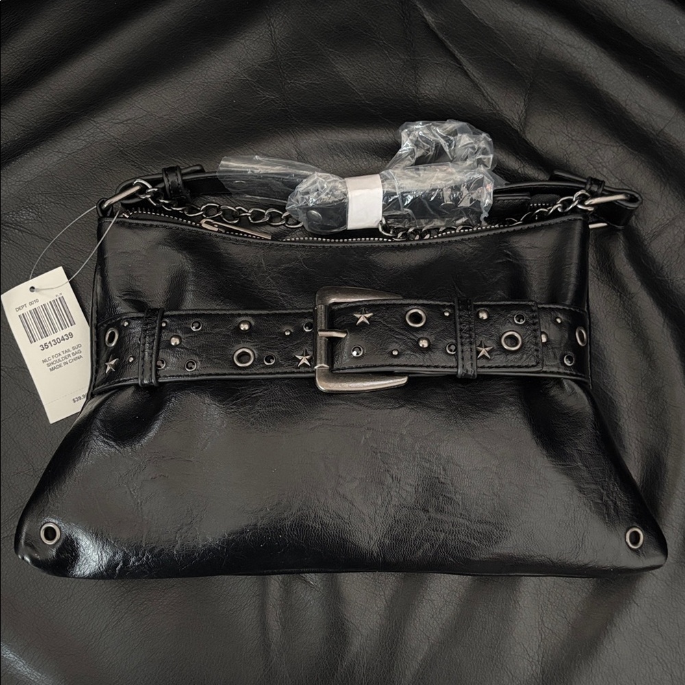 Black Faux Leather Bag with Studded Buckle Front